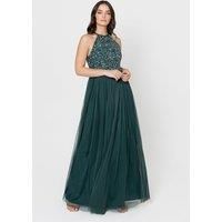 Maya Deluxe Women/'s Ladies Bridesmaid Maxi Dress Halter Neck Sequin Embellished Prom Graduation Wedding, Emerald Green, 22