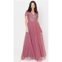 Maya Deluxe Women's Short Sleeve V Neck Embellished Maxi Dress in Rose | Size: 6