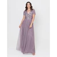 Maya Deluxe Women's Short Sleeve V Neck Embellished Maxi Dress in Lilac | Size: 6