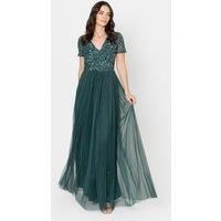 Maya Deluxe Women's Short Sleeve V Neck Embellished Maxi Dress in Emerald | Size: 8