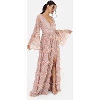 Maya Deluxe Women/'s Ladies Maxi Dress V Neckline Sequin with Ruffle Empire Waist Slit Split for Prom Ball Bridesmaid Wedding Guest, Frosted Pink, 10