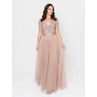 Maya Deluxe Women's Stripe Embellished Maxi Dress in Taupe | Size: 12