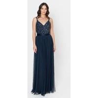 Maya Deluxe Women/'s Ladies Maxi Dress Long Length Wedding Guest Bridesmaid Prom Summer Evening Gown V Neck Straps Bow Tie, Navy, 12