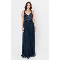 Maya Deluxe Women/'s Ladies Maxi Dress Long Length Wedding Guest Bridesmaid Prom Summer Evening Gown V Neck Straps Bow Tie, Navy, 18