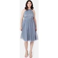 Maya Deluxe Women's Embellished Halter Neck Midi Dress in Blue | Size: 10