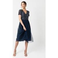 Maya Deluxe Women/'s Embellished Midi Evening Dress Ladies V Neckline with Short Sleeve for Prom Wedding Bridesmaid, Navy, 10