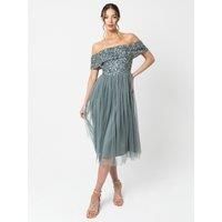 Maya Deluxe Women's Bardot Embellished Midi Dress in Teal | Size: 18
