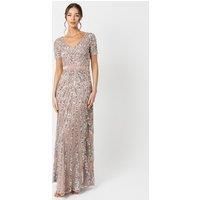 Maya Deluxe Women/'s Maxi Ladies Embellished Sequin Dress Long Short Sleeve V Neck High Empire Waist A Cut Shiny Prom Wedding Bridesmaid, Taupe, 26
