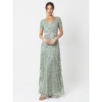 Maya Deluxe Women/'s Maxi Ladies Embellished Sequin Dress Long Short Sleeve V Neck High Empire Waist A Cut Shiny Prom Wedding Bridesmaid, Green, 26