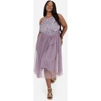 Maya Deluxe Women's Embellished Halter Neck Midi Dress in Lilac | Size: 26