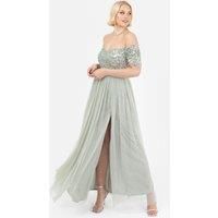 Maya Deluxe Women/'s Ladies Maxi Dress Bardot Neckline Off Shoulder Tulle High Side Split Slit A-line Bridesmaid Wedding Guest Prom Green Lily 10