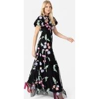 Maya Deluxe Womens Maxi Dress Ladies Floral Embroidered Open Back Puff Sleeves Dress for Wedding Guest Bridesmaid Prom Occasion Black Size 10 UK