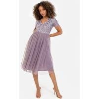 Maya Deluxe Women/'s Embellished Midi Evening Dress Ladies V Neckline with Short Sleeve for Prom Wedding Bridesmaid, Moody Lilac, 28