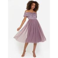 Maya Deluxe Women's Bardot Embellished Midi Dress in Lilac | Size: 24