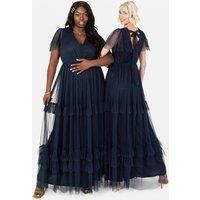 Anaya with Love Ladies Maxi Dress for Women Short Sleeve Evening Ball Gown Tiered V Neck Bow Tie Bridesmaid Wedding Guest Prom Long ,Navy Blue,12