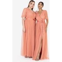 Anaya with Love Ladies Maxi Dress for Women V Neckline Short Sleeve Frilly Long Empire Waist for Wedding Guest Bridesmaid Maid of Honour Coral Pink Size 10
