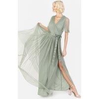 Anaya with Love Ladies Maxi Dress for Women V Neckline Short Sleeve Frilly Long Empire Waist for Wedding Guest Bridesmaid Maid of Honour Frosty Green Size 14