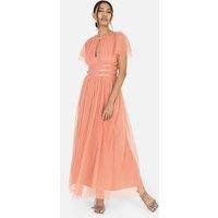 Anaya with Love Ladies Midaxi Dress for Women High Waist Keyhole Short Flutter Sleeve Crew Neckline for Wedding Guest Bridesmaids Prom Coral Pink Size 22