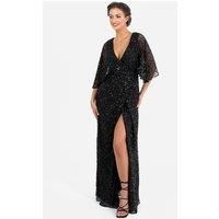 Maya Deluxe Women's Fully Embellished Faux Wrap Maxi Dress in Black | Size: 10