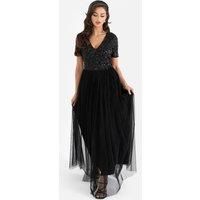 Maya Deluxe Women/'s Ladies Dress for Wedding Guest Plus Size Empire High Waist Sequins Short Sleeve Evening Bridesmaid, Black, 10