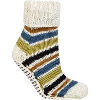 Women's 1 Pair Elle Chunky Fair Isle and Striped Moccasin Grip Socks Autumn Apple Stripe 4-8