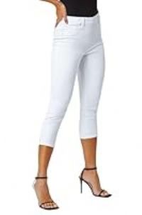 Roman Originals Cropped Jeggings for Women UK Ladies Capri Stretchy Jeans Denim Legging Cotton Summer Trouser Three Quarter 3/4 Length Pull On Cut Off High Waist Smart - White - Size 14