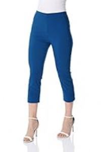 Roman Originals Women Cropped Trousers Ladies Capri Pants Stretch Bengaline Leggings Crop Summer Three Quarter 3/4 Length Shorts Pull On Elasticated Cut Off Work Pedal Pushers - Petrol Blue - Size 18