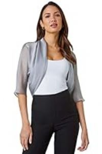 Roman Originals Chiffon Bolero Shrug Jacket for Women UK - Ladies Ruched Hem Cover Up Smart Formal Mesh Wrap Shimmer Cropped Blazer Wedding Guests Cardigan Cardi Crease Free - Silver Grey - Size 14