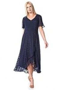 Roman Originals Women Spot Frill Asymmetric Midi Dress - Ladies Occasionwea Daywear Summer Garden Party Cruise Wedding Guest Holiday Ascot Races Days Fit and Flare Dress - Navy - Size 12