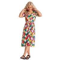 Dusk Fashion Women Bold Floral Midi Wrap Dress - Ladies Bright Colourful Casual Everyday Sunny BBQ Day Tie Detail Skater Short Sleeve V-Neck Dress - Multi - Size 6