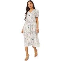 Roman Originals Dusk Fashion Women Ditsy Spot Button Through Midi Dress - Ladies Spring Everyday Summer Evening Vacation Work Holiday Short Sleeve Smart Casual - Yellow White - Size 6