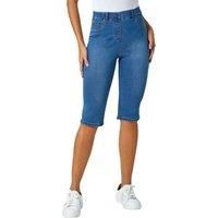 Roman Originals Knee Length Jeggings Cropped Jean Shorts Denim Leggings Capri Pants Stretch Short Legged Summer Crops Pedal Pusher Ladies Elasticated High Waist Cotton Casual - Denim - Size 10