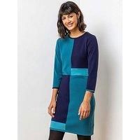 Roman Originals Knitted Jumper Dress for Women UK - Ladies Colour Block Winter Autumn Smart Casual Office Bodycon Workwear Everyday Long Sleeve Knee Length Knit Pocket - Blue - Size 10
