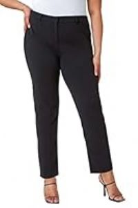 Roman Curve Women Straight Smart Trousers - Ladies Autumn Everyday Winter Holiday Zip & Hook Soft Front Pocket Comfy Tapered Fit Pants Belt Loop Essential Bottoms - Black - Size 18