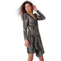 Roman Originals Shimmer Plisse Wrap Dress for Women UK - Ladies Everyday Holiday Autumn Winter Pull-On V-Neck Long Sleeves Comfy Soft Vacation Work - Black - Size 10