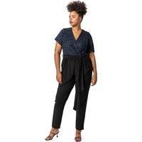 Roman Curve Women Glitter Animal Print Wrap Jumpsuit - Ladies Spring Everyday Summer Evening Vacation Work Holiday Short Sleeve Smart Casual - Blue - Size 30