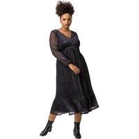 Roman Curve Women Metallic Plisse Frill Hem Dress - Ladies Spring Everyday Summer Evening Vacation Work Holiday 3/4 Sleeve Smart Casual - Black - Size 30