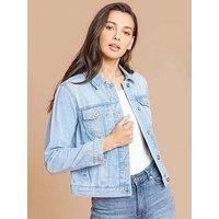 Roman Originals Jean Denim Jacket For Women UK - Ladies 100% Cotton Summer Casual Stretch Crop Smart Utility Trucker Biker Fitted Vintage Light Wash Faded Classic Jeans Work - Light Blue - Size 16