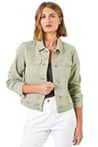 Roman Originals Jean Denim Jacket for Women UK - Ladies 100% Cotton Summer Casual Stretch Crop Smart Utility Trucker Biker Fitted Vintage Wash Faded Classic Jeans Work - Sage - Size 12