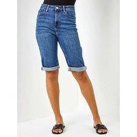Roman Originals Denim Shorts for Women UK - Ladies Knee Length Stretch Jean Cropped Jeggings Turn Up Hem Cut Off Summer High Waisted Smart Fitted Lightweight Casual Holiday - Denim - Size 14