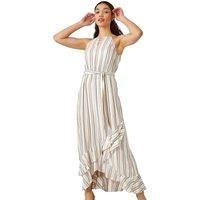 Roman Originals Women Stripe Print Frill Detail Maxi Dress - Ladies Spring Everyday Summer Evening Vacation Work Holiday Sleeveless Smart Casual - White - Size 6