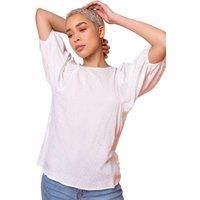 Women Glitter Spot Balloon Sleeve Top - Ladies Spring Everyday Summer Holiday Round Neckline Comfy 3/4 Sleeve Soft Keyhole Detail Shirt Trim Detail Blouses - White - Size 6