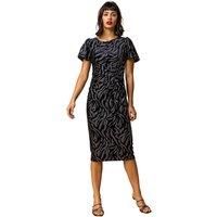 Roman Originals Women Animal Print Velvet Dress - Ladies Spring Everyday Summer Evening Vacation Work Holiday Long Sleeve Smart Casual - Black - Size 10