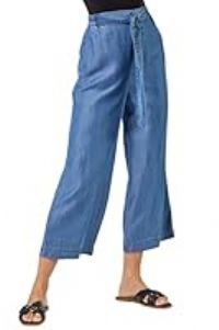 Roman Originals Culotte Trousers for Women UK - Ladies Wide Leg Cropped Pants Tie Detail Bottoms Vintage Retro Smart Flared Slimming High Waist 1940s Party Regular - Denim - Size 14