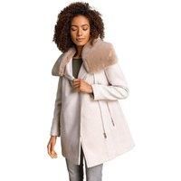 Roman Originals Women Formal Faux Fur Collar Coat - Ladies Evening Herringbone Soft Furry Collar Lined Smart Casual Warm Stylish - Natural - Size 6