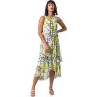 Roman Originals Women Halter Neck Frill Midi Dress - Ladies Special Occasion Evening Party Wedding Guest Print Ruffle Detail Sleeveless Round Neck Dresses - Lime - Size 20