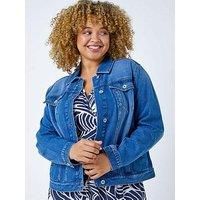 Roman Originals Jean Denim Jacket for Women UK - Ladies 100% Cotton Summer Casual Stretch Crop Smart Utility Trucker Biker Fitted Vintage Wash Faded Classic Jeans Work - Blue Plus - Size 26
