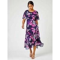 Roman Originals Women Floral Print Frill Detail Midi Dress - Ladies Spring Everyday Summer Holiday Vacation Work Casual Smart Comfy Soft Relaxed - Navy Fuschia - Size 18