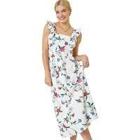 Roman Floral Print Frill Detail Maxi Dress for Women UK - Ladies Spring Everyday Summer Holiday Square Neckline Comfy Sleeveless Soft Full Length Frock Vacation Gowns - White - Size 12