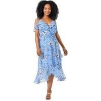 Roman Originals Petite Floral Print Cold Shoulder Midi Dress - Blue - Roman Dresses